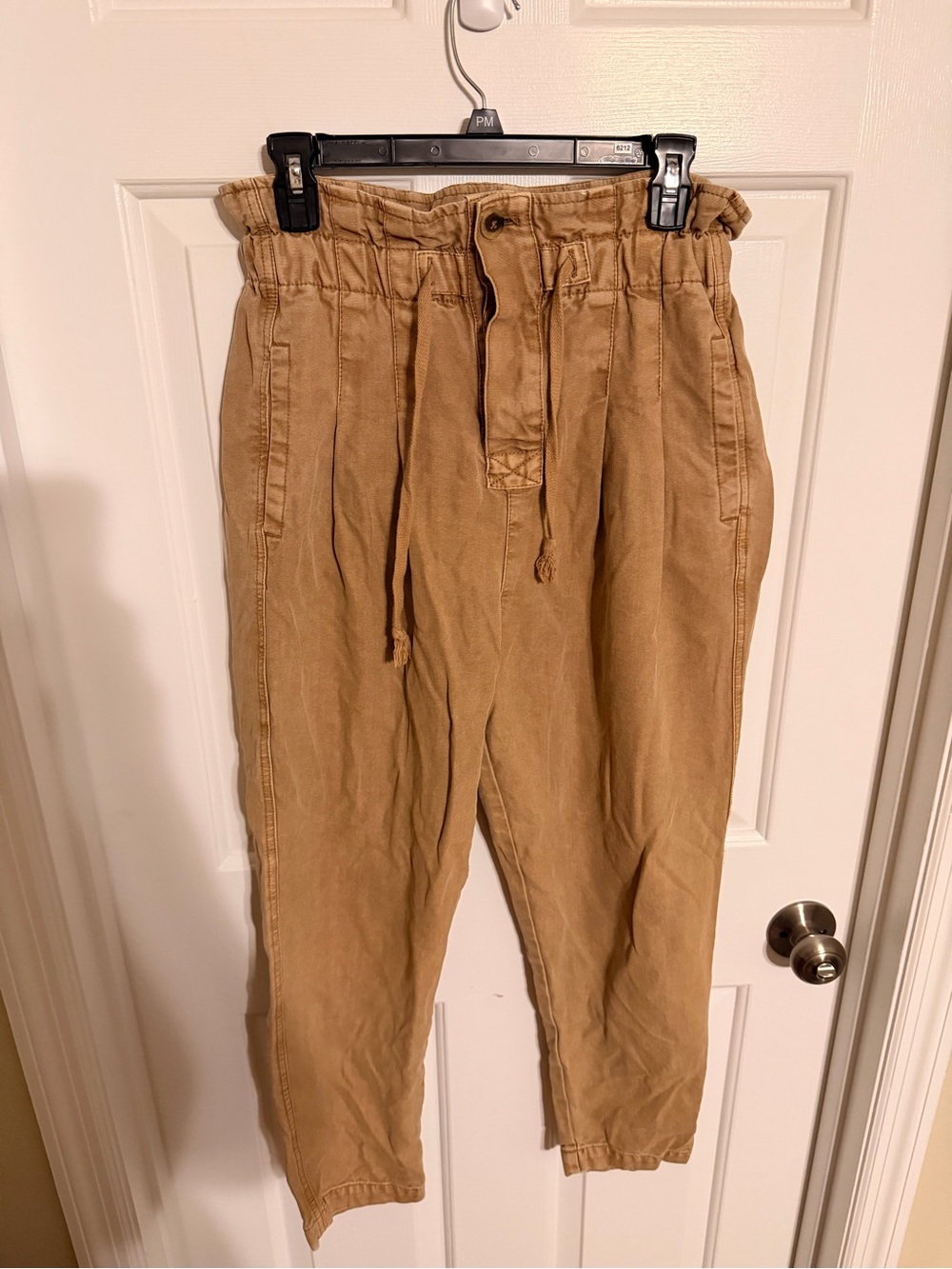 Free People Boho Khaki High Waisted Tapered Pants Drawstring Button Fly XS